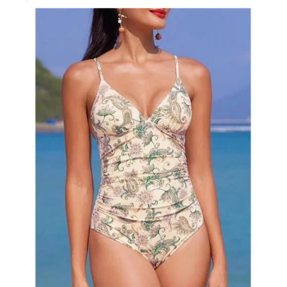 Retro Floral V-Neck Tummy Control One-Piece swimsuit size M